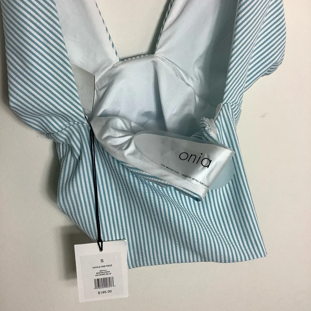 Onia Deep Vee Seersucker Blue one piece Swimsuit